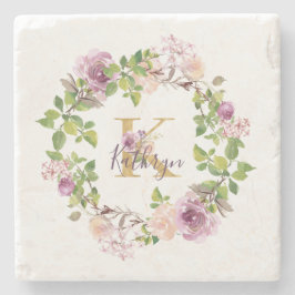 Porta-copo De Pedra Monograma Dourado moderno K Watercolor Wreath Flor