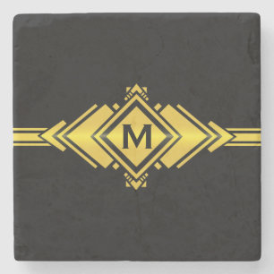 Porta-copo De Pedra Monograma Dourado & preto da correia do art deco