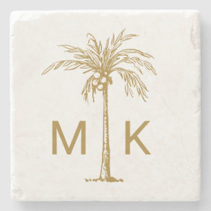 Porta-copo De Pedra Monograma Dourado Tropical Palm Tree Personalizado