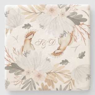 Porta-copo De Pedra Monograma Elegante Boho Flores e Aves Aquáticas