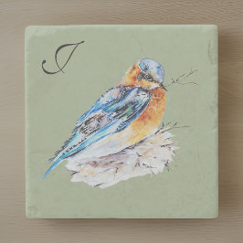 Porta-copo De Pedra Monograma Elegante de Azulinho em Aquarela