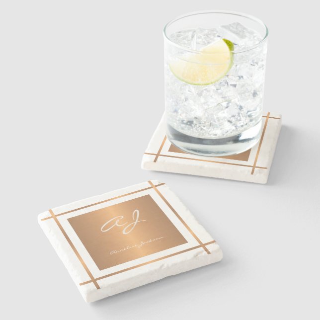 Porta-copo De Pedra Monograma elegante personalizado nome em letra cur (Lateral)