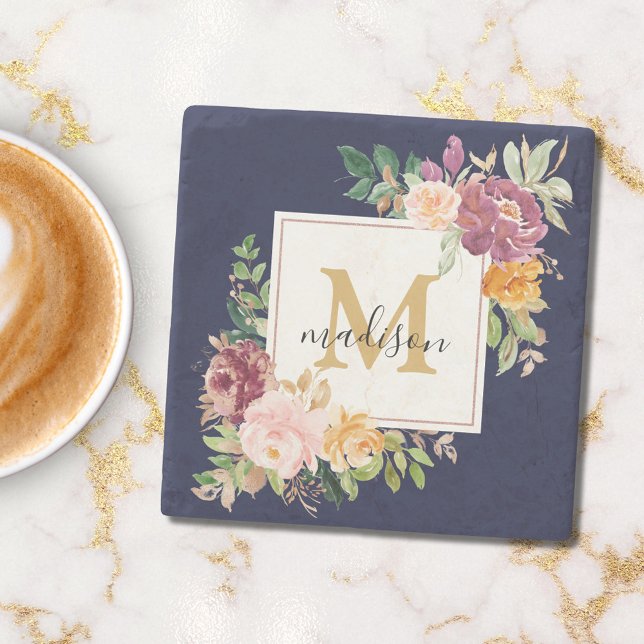 Porta-copo De Pedra Monograma Elegante Rosa de Aquarela Botânica (In situ)