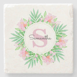 Porta-copo De Pedra Monograma Floral Aquarela Rosa