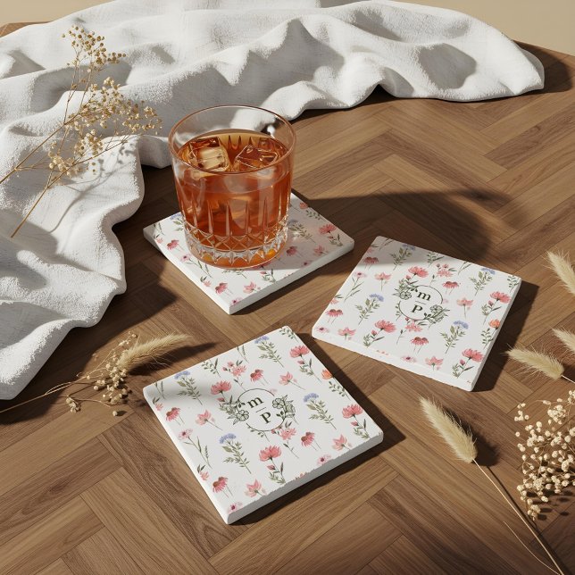 Porta-copo De Pedra Monograma Floral de Flores de Aquarela Elegante (Elegant Watercolor Floral Wildflower Monogram Stone Coaster)