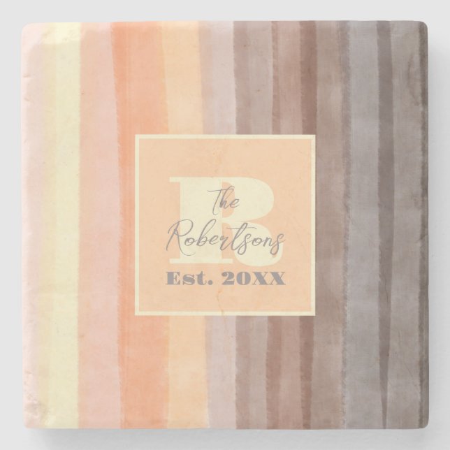 Porta-copo De Pedra Monograma listras de aquarela laranja castanha (Frente)