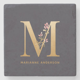 Porta-copo De Pedra Monograma M Floral Dourado Elegante Personalizado