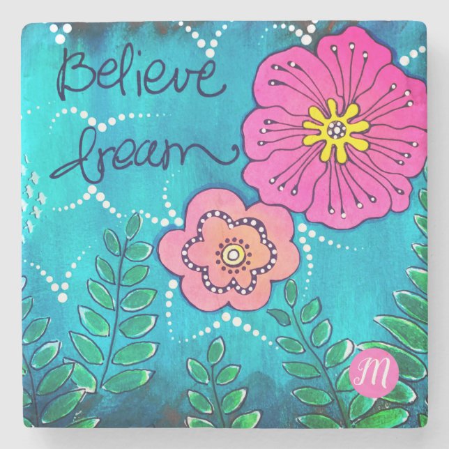 Porta-copo De Pedra Monograma Mídia Mista com Flores | (Frente)