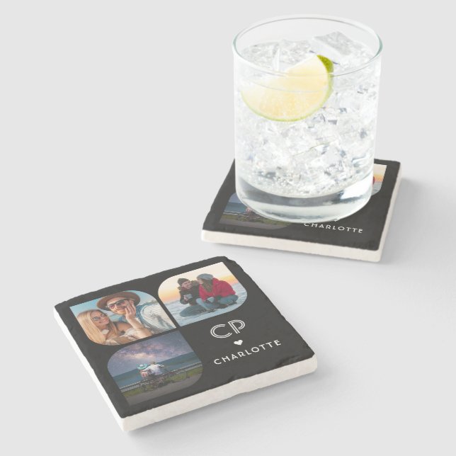 Porta-copo De Pedra Monograma Nome 3 Foto Moderna Tendência Simples (Lateral)