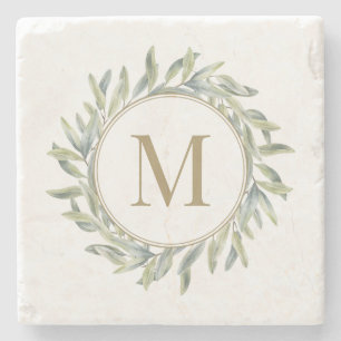 Porta-copo De Pedra Monograma Personalizado de Laurel Wreath