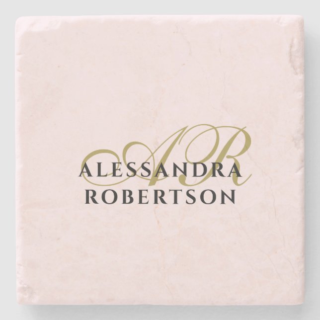 Porta-copo De Pedra Monograma Personalizado Pastel Rosa Dourado Minima (Frente)