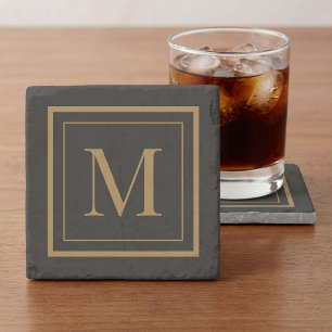 Porta-copo De Pedra Monograma Personalizado Preto e Dourado em Moldura