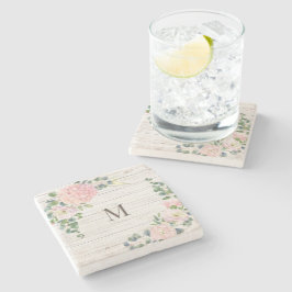 Porta-copo De Pedra Monograma Rosa Hydrangea e Eucalyptus