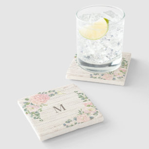Porta-copo De Pedra Monograma Rosa Hydrangea e Eucalyptus