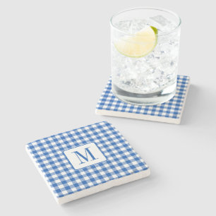Porta-copo De Pedra Monograma Russo de Gingham Azul e Branco
