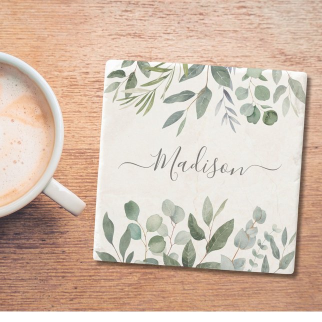 Porta-copo De Pedra Monograma Verde Eucalyptus Folhas Tropicais Elegan (In situ)