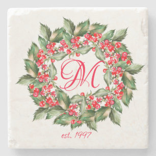 Porta-copo De Pedra Monogramo Christmas Berries Wreath