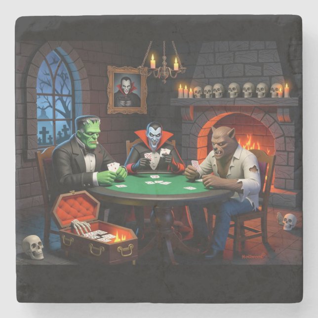 Porta-copo De Pedra Monster Poker Halloween  (Frente)