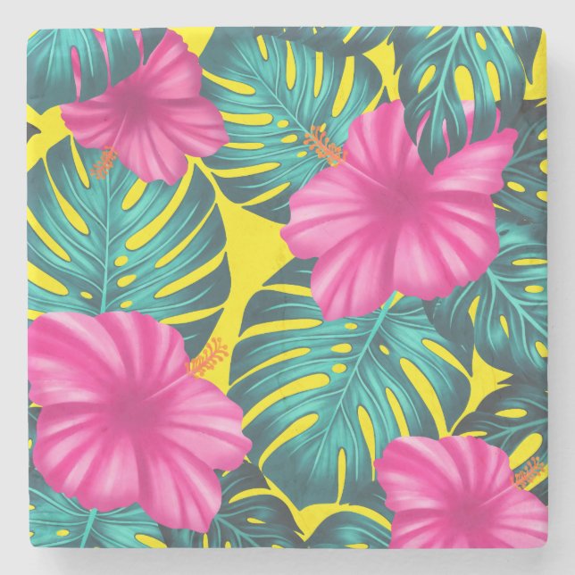 Porta-copo De Pedra Monstera Leaves e Hibiscus, Rosa Teal em Amarelo (Frente)