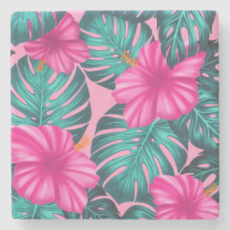 Porta-copo De Pedra Monstera Leaves e Hibiscus, Teal e Rosa