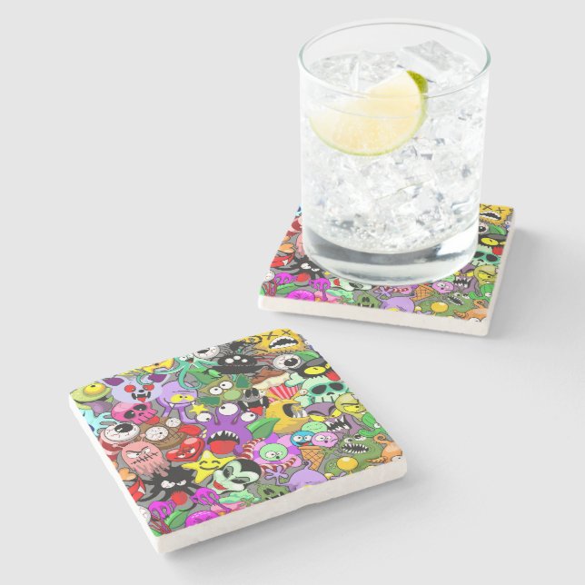 Porta-copo De Pedra Monstros - Caracteres Bonitos Padrão de Halloween (Lateral)