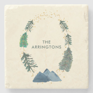 Porta-copo De Pedra Montanhas Russas de Florestas de Pinheiro Aquarela