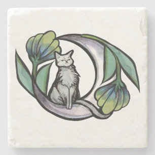 Porta-copo De Pedra Moon Cat Fllower Luna Cats Moon Floral Cat
