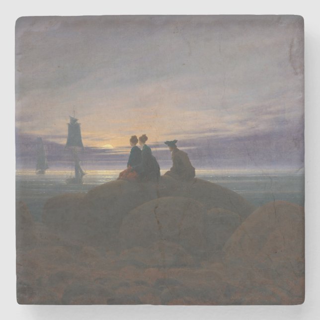 Porta-copo De Pedra Moonrise pelo mar (por Caspar David Friedrich) (Frente)