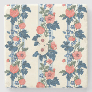Porta-copo De Pedra Morangos Vintage e Folhas Azuis Padrão Floral