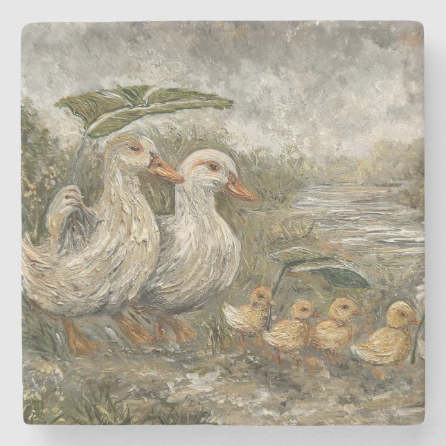 Porta-copo De Pedra Morning Commute Whimsical Farmhouse Duck Rainy Day (Frente)