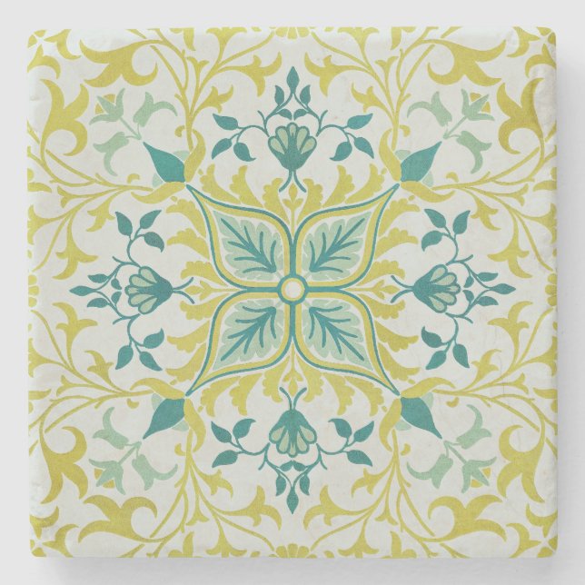 Porta-copo De Pedra Morris Yellow Turquoise Vine & Flower Pattern (Frente)