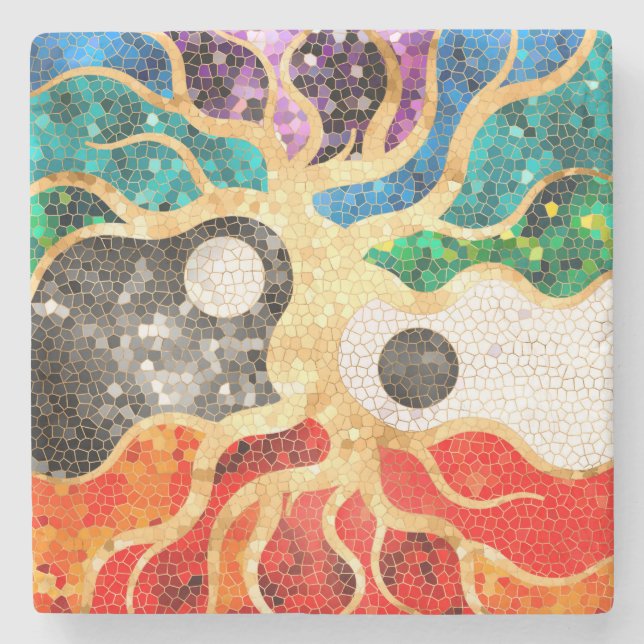 Porta-copo De Pedra Mosaic Tree of life - Yin Yang (Frente)