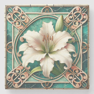 Porta-copo De Pedra Motivo de Flor de Lírio Branco Art Nouveau