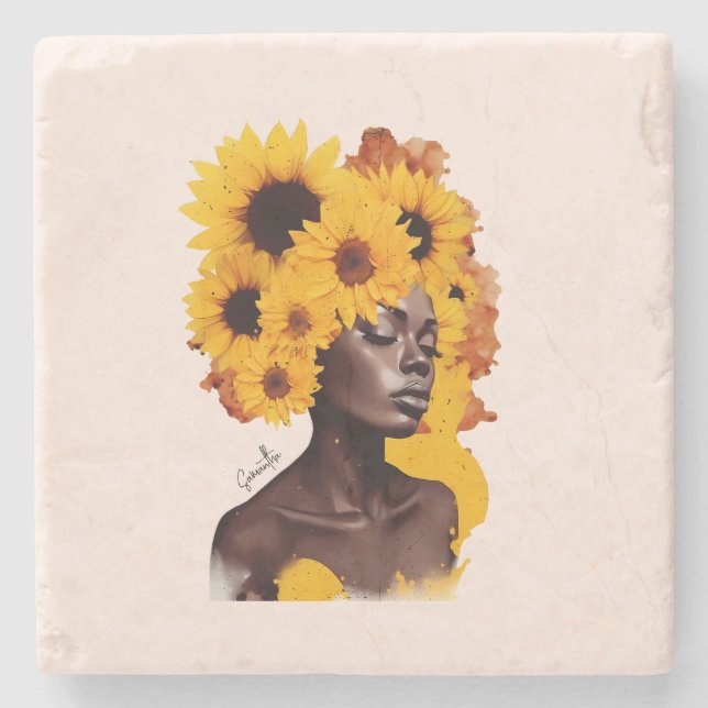 Porta-copo De Pedra Mulher afro-americana com afro afro girassol (Frente)