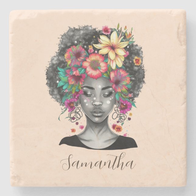 Porta-copo De Pedra Mulher Afro Elegante Floral (Frente)