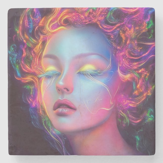 Porta-copo De Pedra Mulher alienígena com cabelo cósmico (Frente)