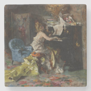 Porta-copo De Pedra Mulher Bonita Tocando Piano (por Boldini)