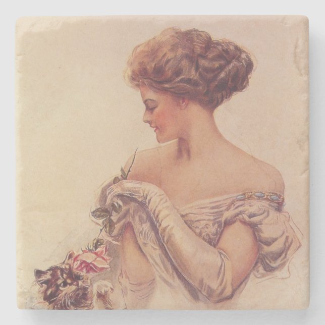 Porta-copo De Pedra Mulher bonito segurando um Kitten (por Harrison Fi (Frente)