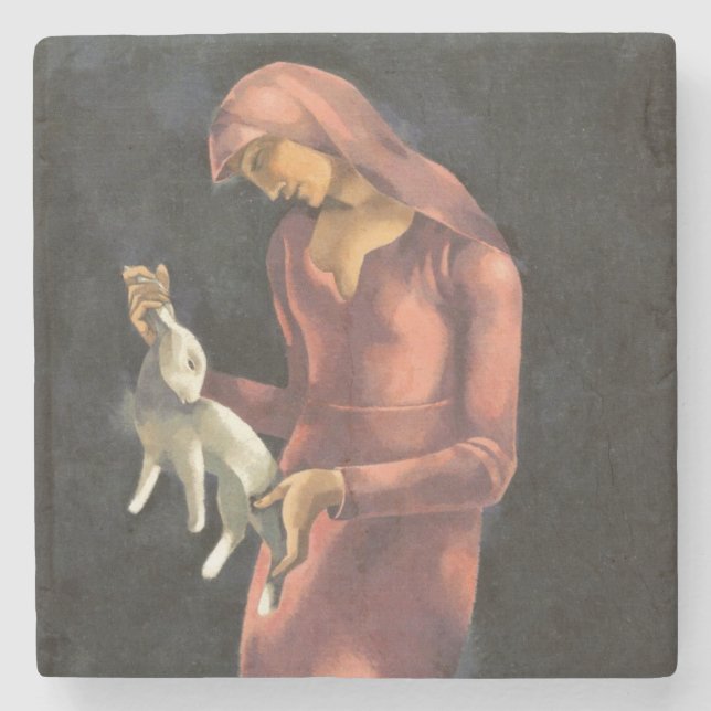 Porta-copo De Pedra Mulher com coelho (Frente)