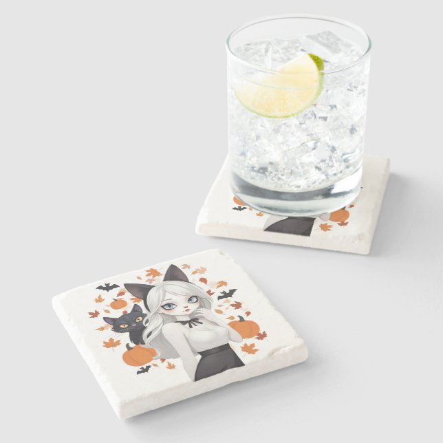 Porta-copo De Pedra Mulher de anime com gato preto. (Lateral)