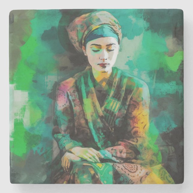 Porta-copo De Pedra Mulher em Verde (Frente)