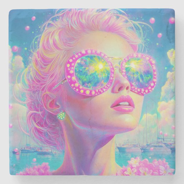 Porta-copo De Pedra Mulher Neon Glamorosa com Óculos Espumantes (Frente)