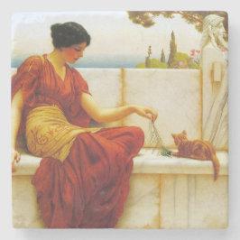 Porta-copo De Pedra Mulher Romana Brincando com seu Gato Favorito