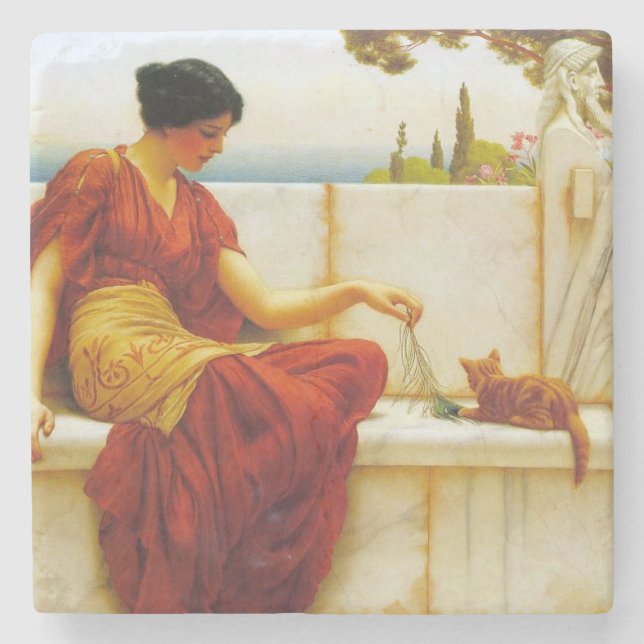 Porta-copo De Pedra Mulher Romana Brincando com seu Gato Favorito (Frente)