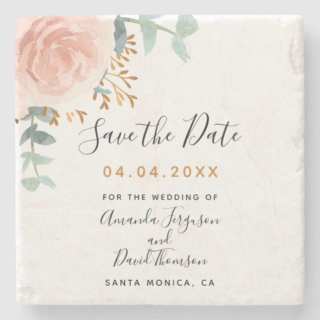 Porta-copo De Pedra Nado rosa ouro floral eucalipto Salve a data (Frente)