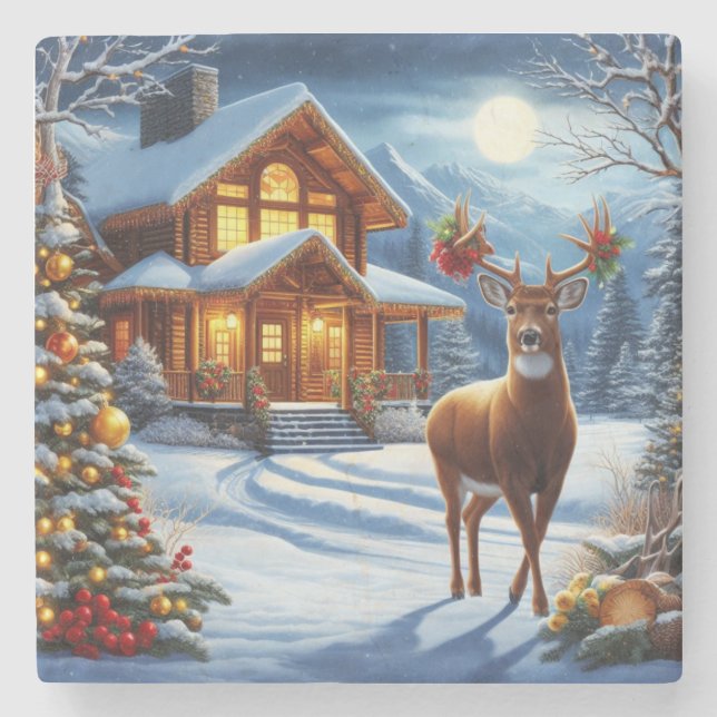 Porta-copo De Pedra Natal/Inverno Deer Lodge (Frente)