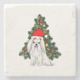 Porta-copo De Pedra Natal Maltês, Xmas Maltês Cachorro com chapéu de P