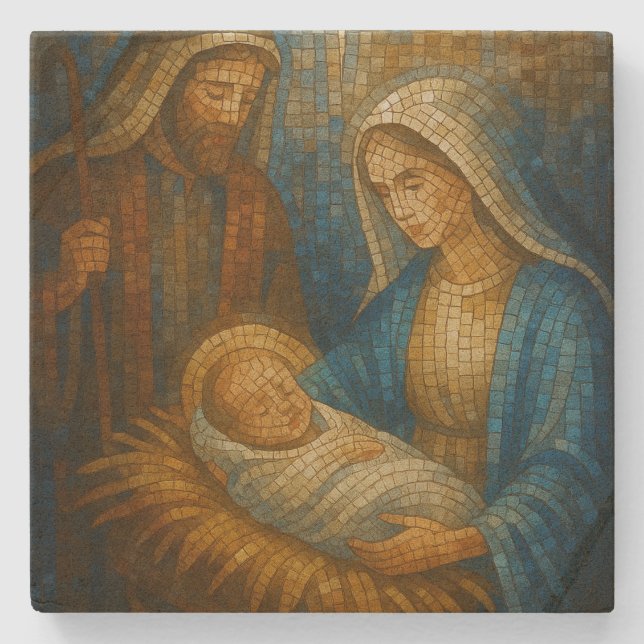 Porta-copo De Pedra Nativity Stained Glass Mosaic | Holy Family  (Frente)