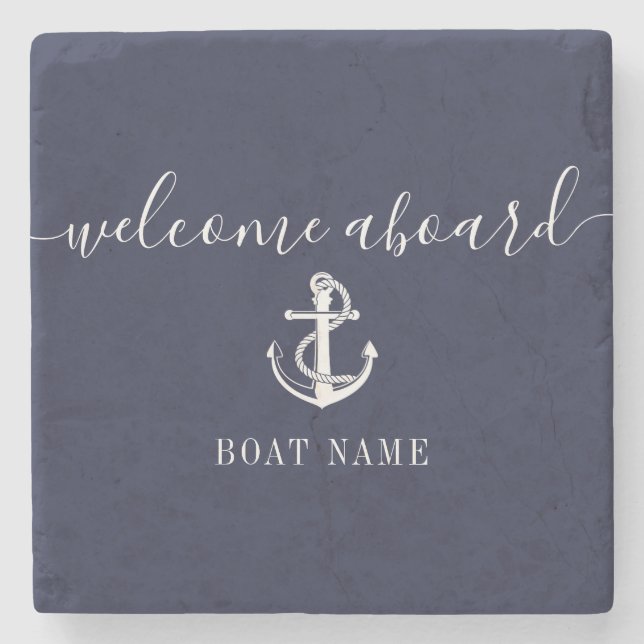Porta-copo De Pedra Náutica Anchor Boat Name Marinho Blue Welcome Aboa (Frente)