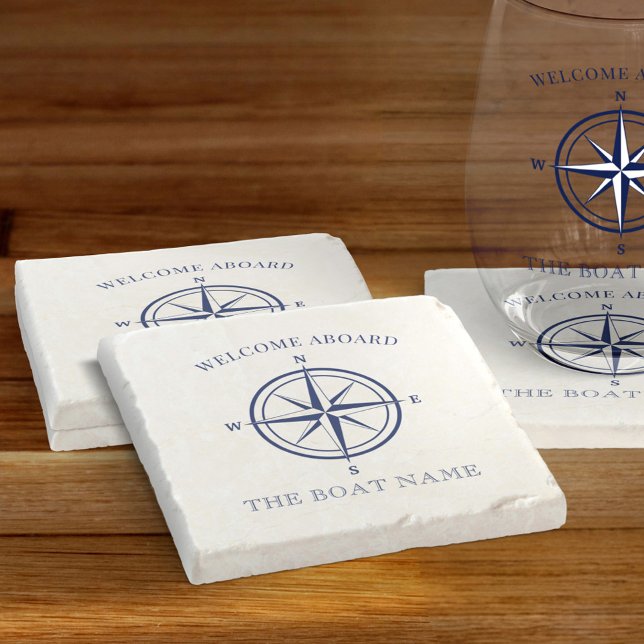 Porta-copo De Pedra Náutica Compass Rosa Marinho Blue Boat Name (Criador carregado)